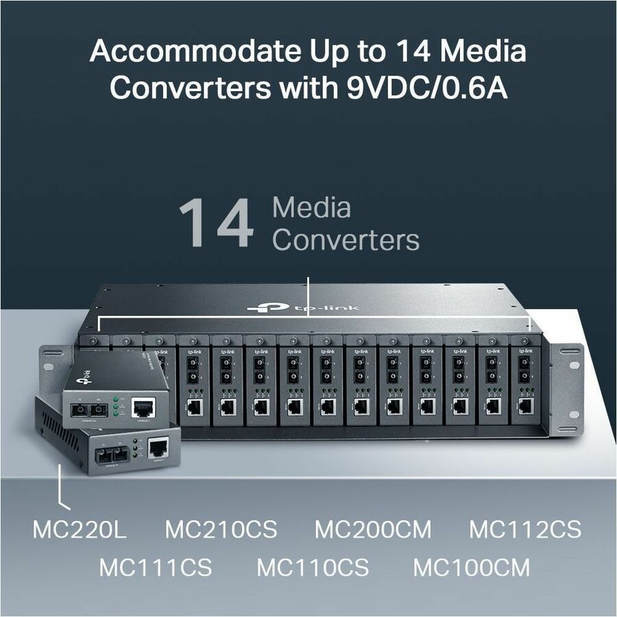 TP-LINK TL-MC1400 14-slot unmanaged Fiber Converter Chassis, single power supply, 19-inch rack mountable, 2 cooling fans