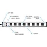 V7 8-Outlet Horizontal Industrial Metal Power Strip 125V, 15A, 12-ft. Cord, 5-15R