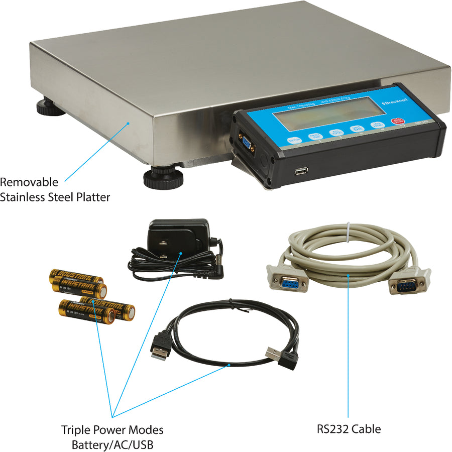 Brecknell PS-USB Portable Shipping Scale, 150LB Capacity, Emulation Protocols, LCD Screen, Aluminum and Steel Construction