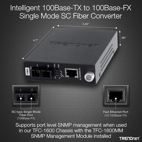 TRENDnet Intelligent 10/100Base-TX to 100Base-FX Single Mode SC Fiber Media Converter (30Km /18.6 Miles);Full-Duplex Mode; RJ-45 port; Fiber to Ethernet Converter; Lifetime Protection; TFC-110S30i