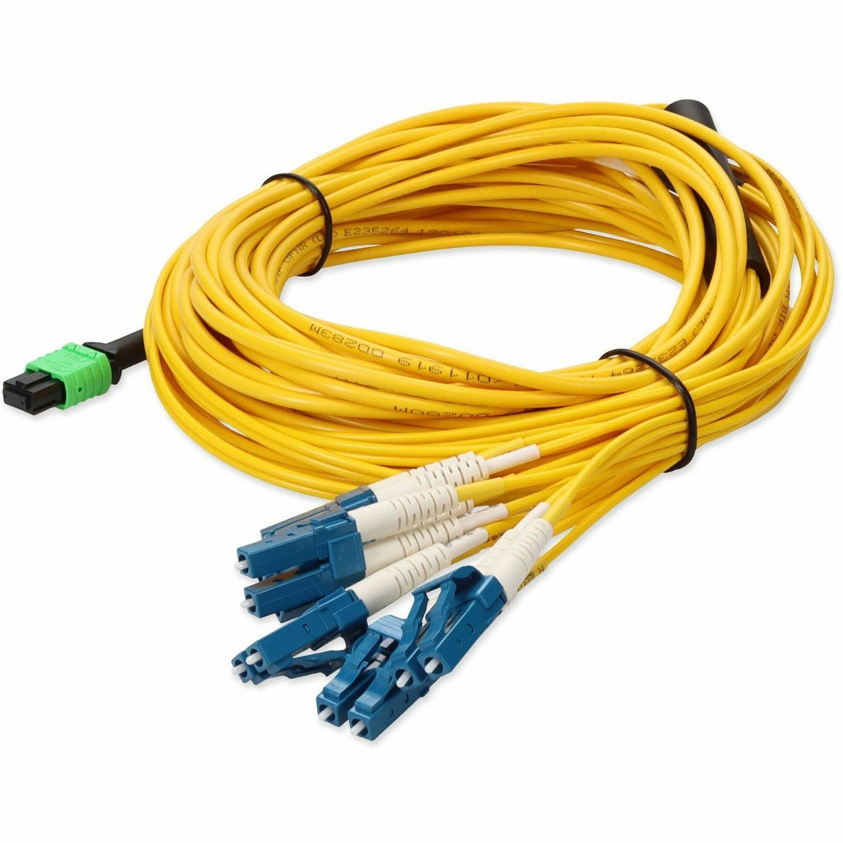 AddOn 1m MPO (Female) to 6xLC (Male) 12-Strand Yellow OS2 Duplex OFNR (Riser-Rated) Fiber Fanout Cable