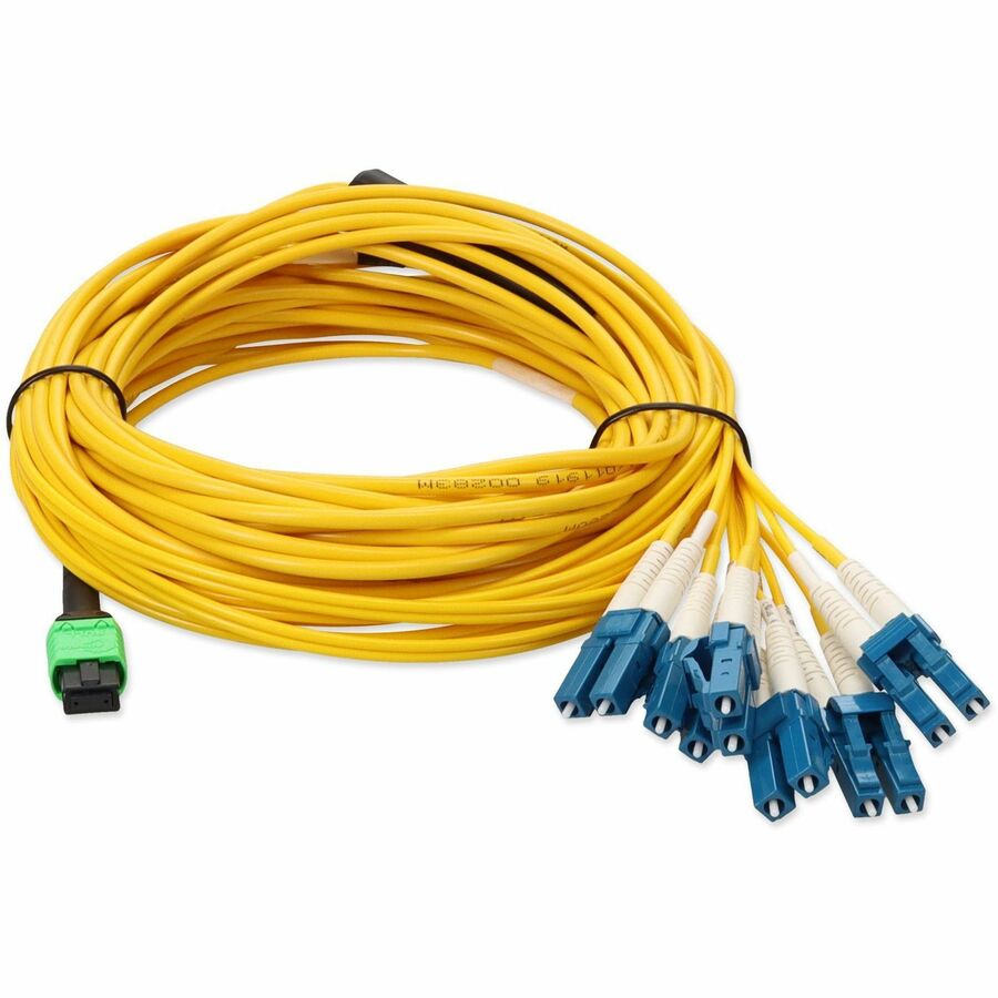 AddOn 1m MPO (Female) to 6xLC (Male) 12-Strand Yellow OS2 Duplex OFNR (Riser-Rated) Fiber Fanout Cable