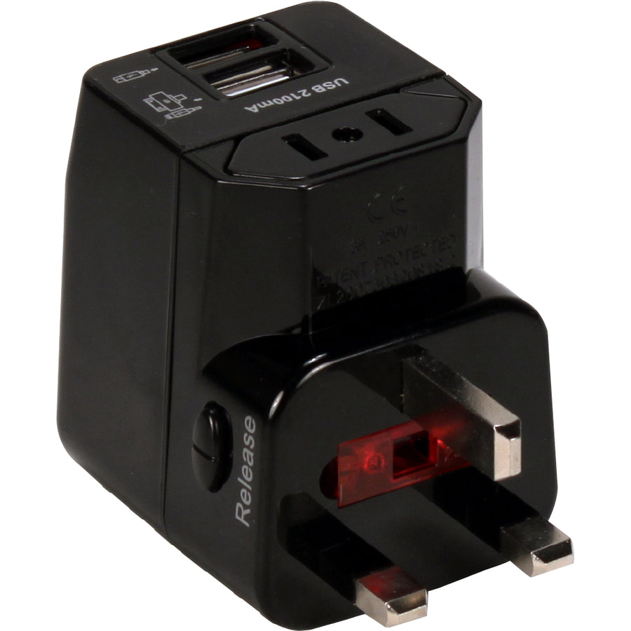 QVS Premium World Travel Power Adaptor with Surge Protection & 2.1A Dual-USB Charger