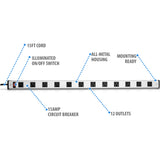 V7 12-Outlet Horizontal Industrial Metal Power Strip 125V, 15A, 15-ft Cord, 5-15R