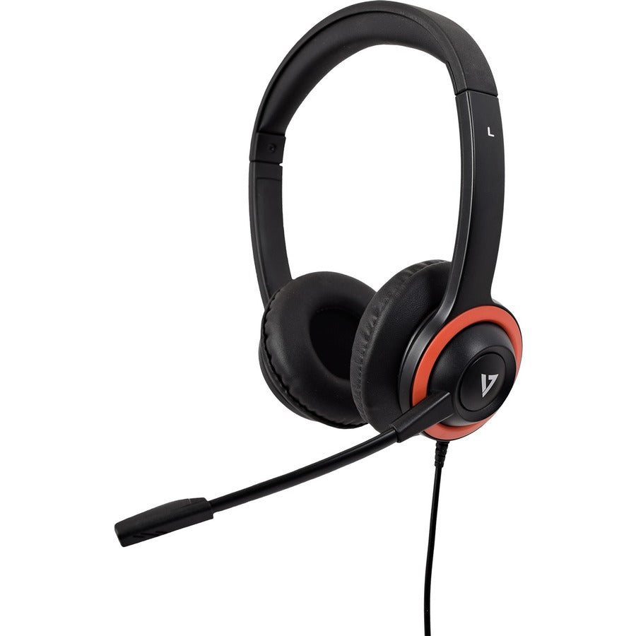 V7 Safe sound Education K-12 Headset with Microphone, volume limited, antimicrobial, 2m cable, 3.5mm, Laptop Computer, Chromebook, PC - Black, Red