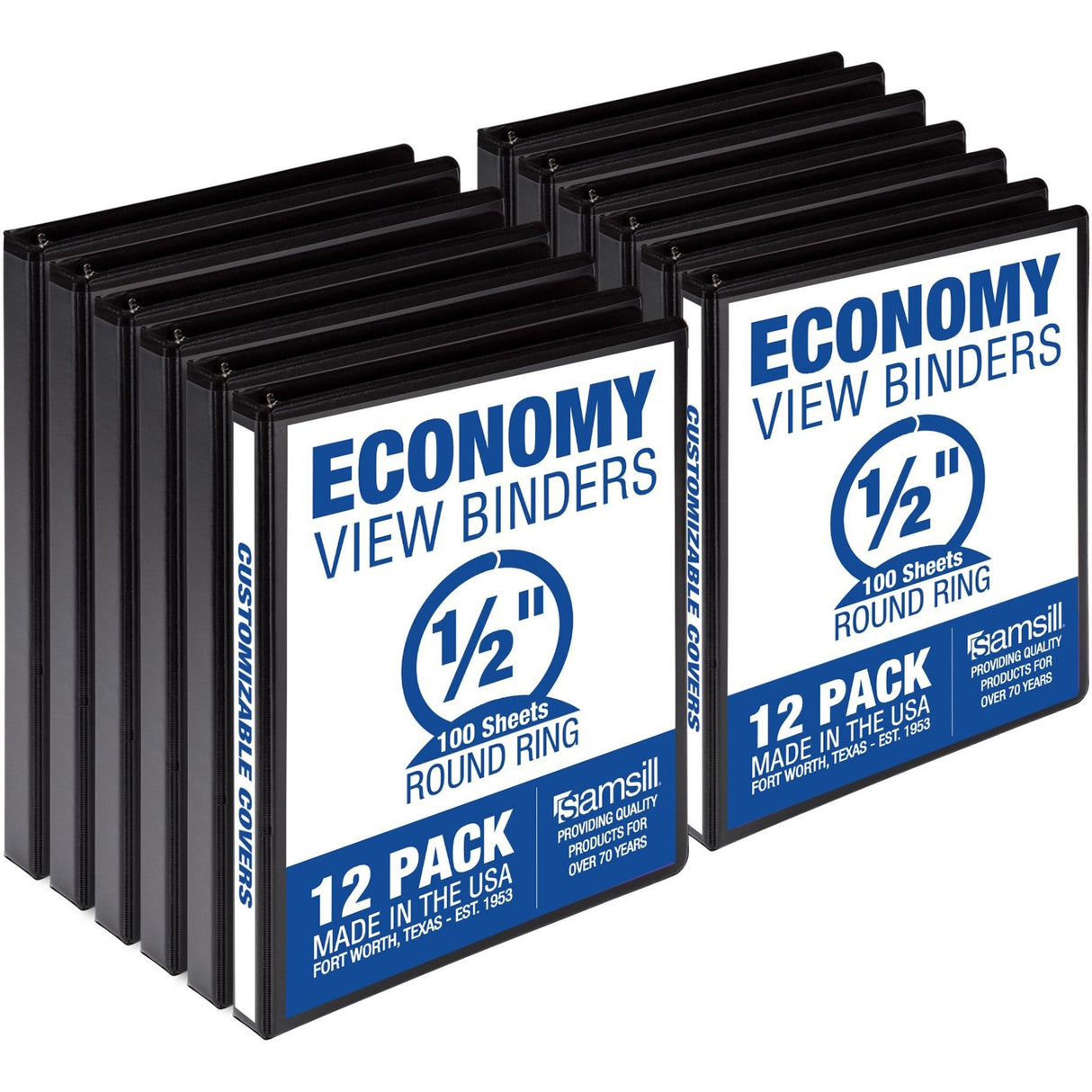 Samsill Economy 0.5 Inch 3 Ring Binder, Made in the USA, Round Ring Binder, Non-Stick Customizable Cover, Black, 12 Pack (I08510C)