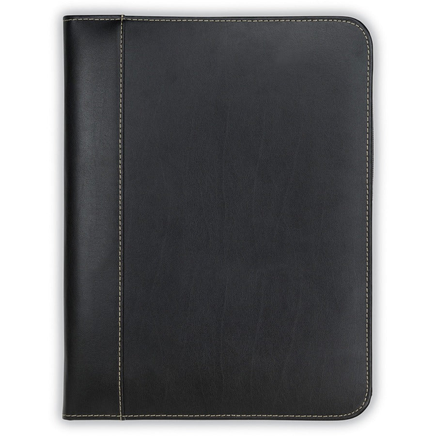 Samsill Contrast Stitch Leather Zippered Portfolio Folder / Business Portfolio for Men and Women, Resume / Document Organizer with Writing Pad, Black (71720)