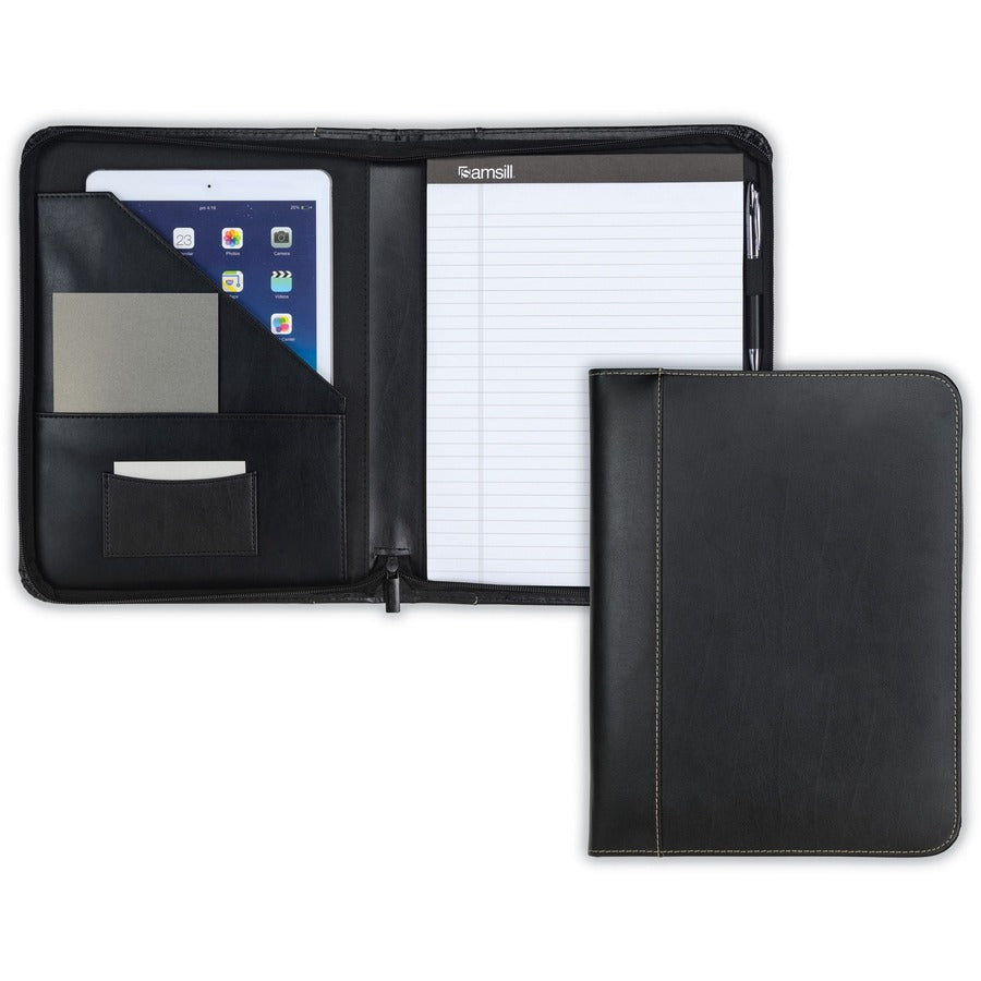 Samsill Contrast Stitch Leather Zippered Portfolio Folder / Business Portfolio for Men and Women, Resume / Document Organizer with Writing Pad, Black (71720)