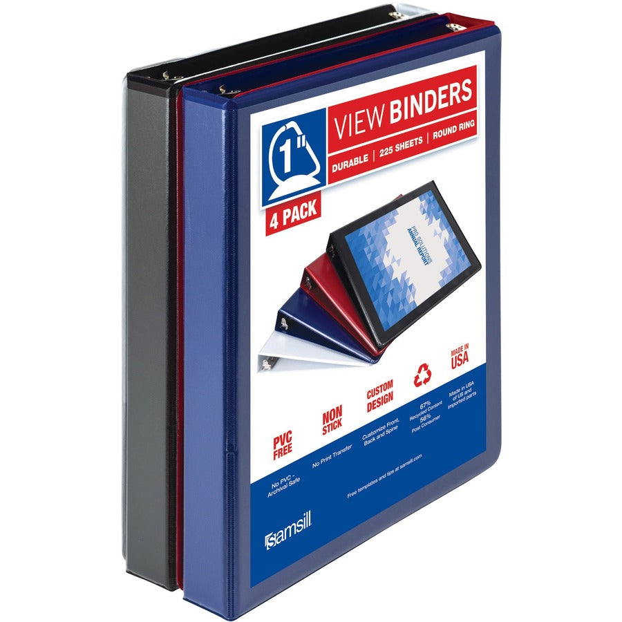 Samsill Durable 1 Inch Binder, Made in The USA, D Ring Binder, Customizable Clear View Cover, Basic Assortment, 4 Pack, Each Holds 225 Pages (MP46409)