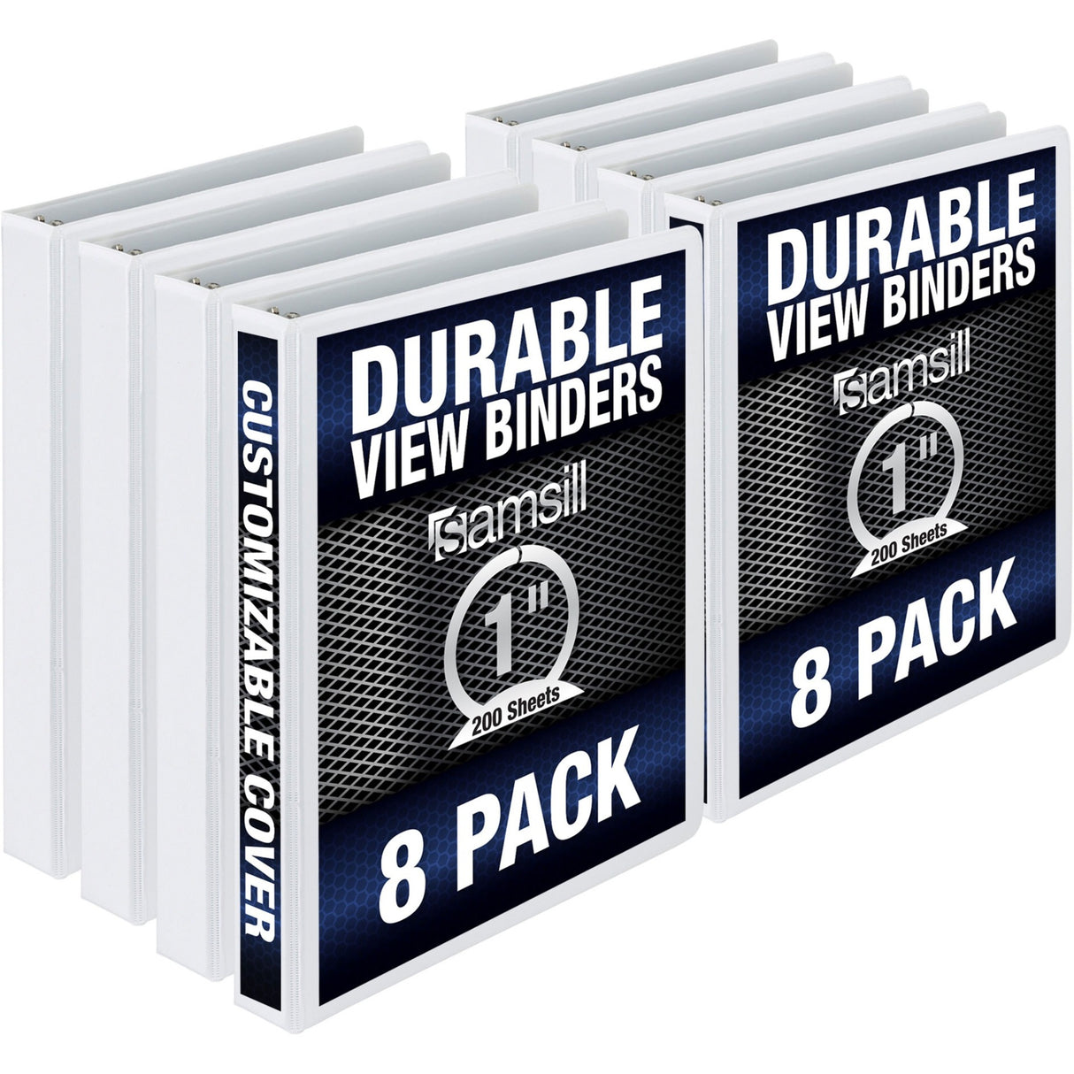 Samsill Durable 3 Ring Binder Made in the USA, 1-Inch Round Ring Binder, Holds 200 Sheets, Customizable Clear View Cover, White, 8 Pack (S88437)