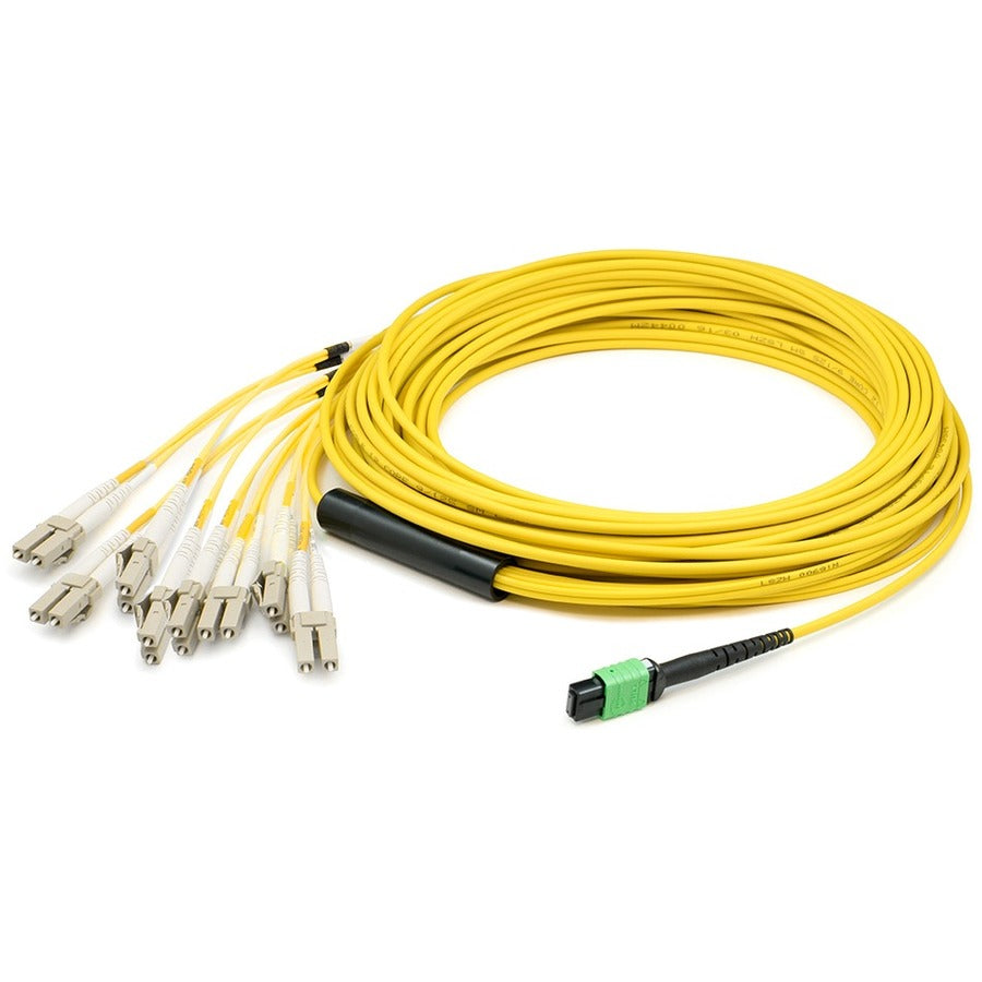 AddOn 0.5m MPO (Female) to 8xLC (Male) 8-Strand Yellow OS2 OFNR (Riser-Rated) Fiber Fanout Cable