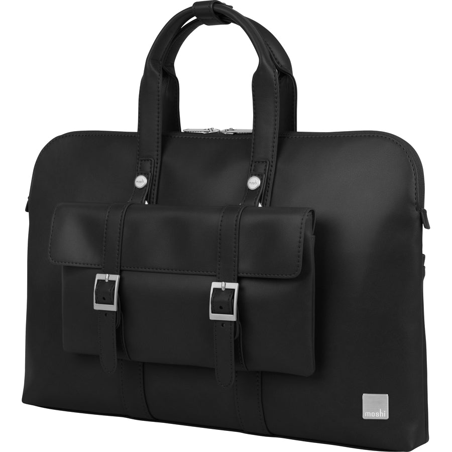 Moshi Treya Briefcase - Jet Black, Two-in-one Messenger, Briefcase for Laptops up to 13" , Vegan Leather, Removable Clutch, RFID Pocket