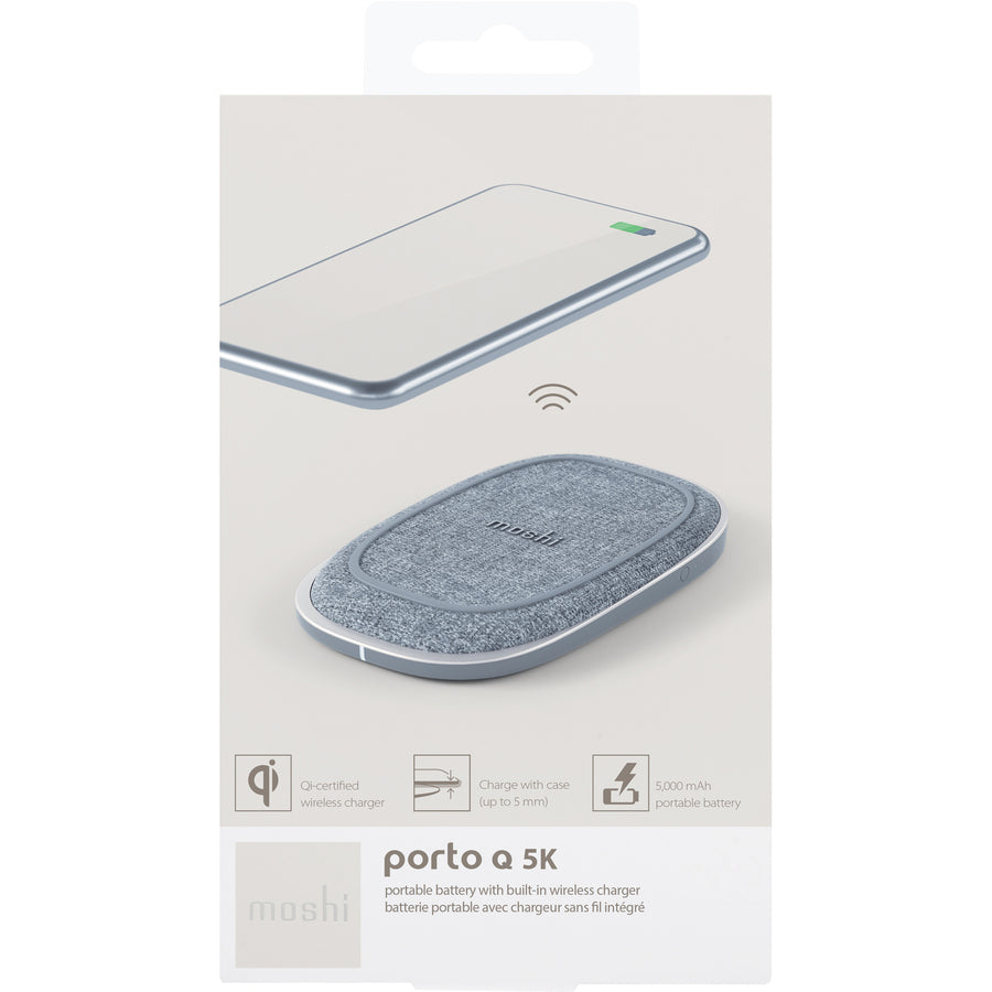 Moshi Porto Q 5K Portable Battery with Built-in Wireless Charger, Qi-certified Fast-charging, 5000 mAh Battery