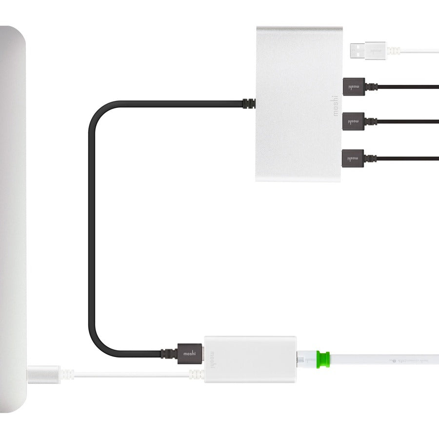 Moshi USB-C to Gigabit Ethernet Adapter, Plug and Play, USB-A Pass-through, Aluminum Casings, Works with MacBook, MacBook Air, MacBook Pro, Surface