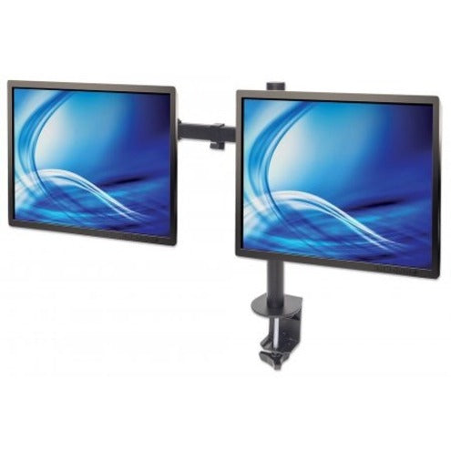 Manhattan TV & Monitor Mount, Desk, Full Motion, 2 Screens, Screen Sizes: 10-27" , Black, Clamp Assembly, Dual Screen, VESA 75x75 to 100x100mm, Max 8kg (each), Lifetime Warranty