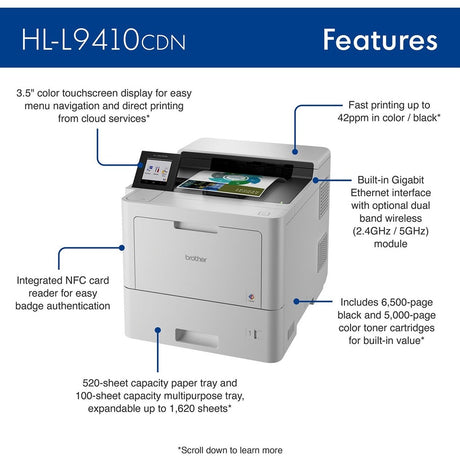 Brother HL-L9410CDN Enterprise Color Laser Printer with Fast Printing, Large Paper Capacity, and Advanced Security Features