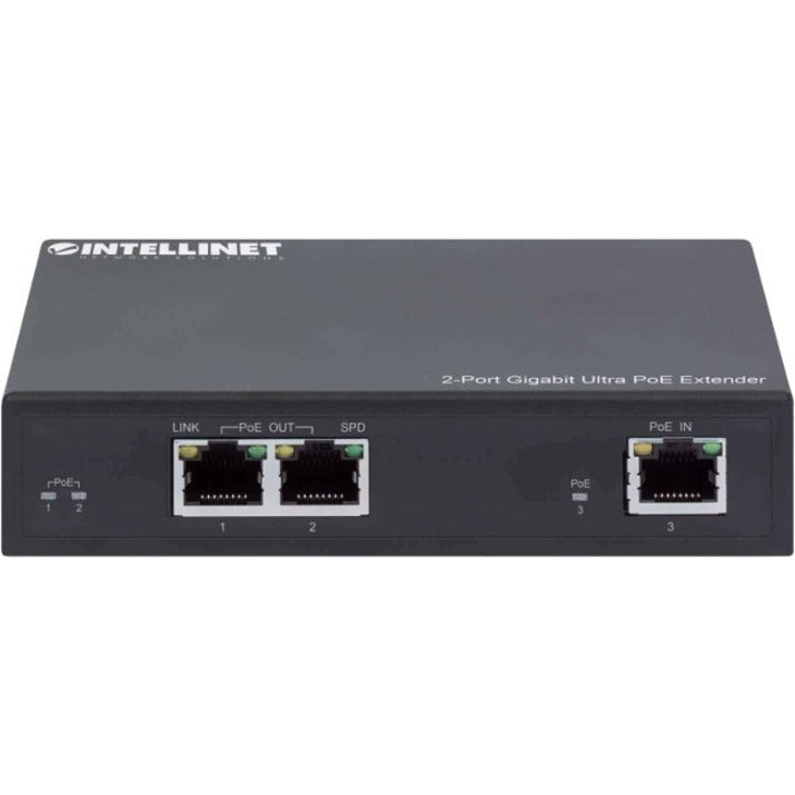 Intellinet 2-Port Gigabit Ultra PoE Extender, Adds up to 100 m (328 ft.) to PoE Range, PoE Power Budget 60 W, Two PSE Ports with 30 W Output Each, IEEE 802.3bt/at/af Compliant, Metal Housing