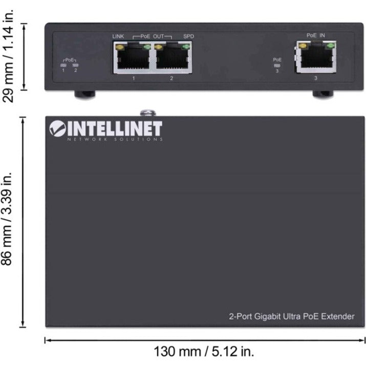 Intellinet 2-Port Gigabit Ultra PoE Extender, Adds up to 100 m (328 ft.) to PoE Range, PoE Power Budget 60 W, Two PSE Ports with 30 W Output Each, IEEE 802.3bt/at/af Compliant, Metal Housing