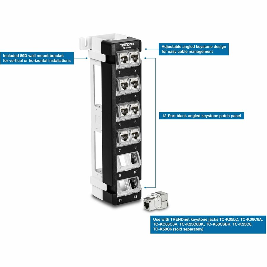 TRENDnet 12-Port Blank Angled Wall Mount Keystone Patch Panel, TC-KP12V, Use with TRENDnet Keystone Jacks (Sold Separately), Snap-in Style, Quick and Easy Access, 89D Wall Mount Bracket Included