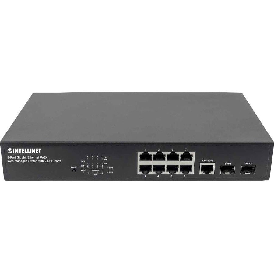 Intellinet Network Solutions 8-Port Gigabit PoE+ Web-Managed Switch with 2 SFP Ports, 140 Watt Power Budget, Desktop, Rackmount with Ears