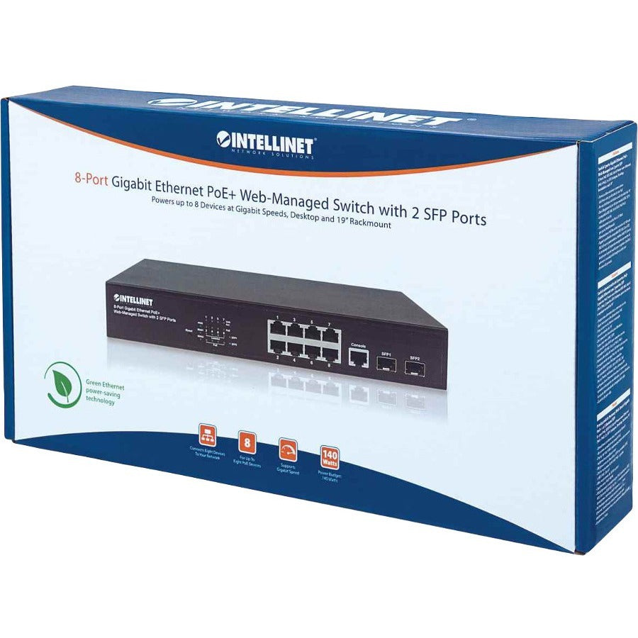 Intellinet Network Solutions 8-Port Gigabit PoE+ Web-Managed Switch with 2 SFP Ports, 140 Watt Power Budget, Desktop, Rackmount with Ears