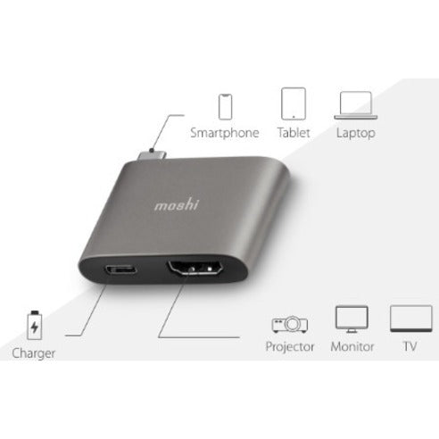 Moshi USB-C to HDMI Adapter with Charging, 4K up to 60 Hz, HDR, USB-C Charging Pass-through, Works with MacBook, MacBook Air, MacBook Pro, Surface