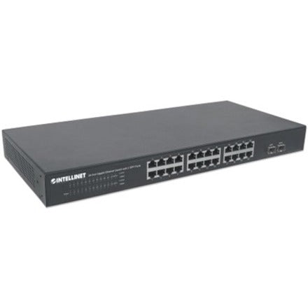 Intellinet 24-Port Gigabit Ethernet Switch with 2 SFP Ports, 24 x 10/100/1000 Mbps RJ45 Ports + 2 x SFP, IEEE 802.3az (Energy Efficient Ethernet), 19" Rackmount, Metal (With C14 2 Pin Euro Power Cord)