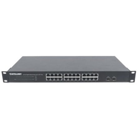 Intellinet 24-Port Gigabit Ethernet Switch with 2 SFP Ports, 24 x 10/100/1000 Mbps RJ45 Ports + 2 x SFP, IEEE 802.3az (Energy Efficient Ethernet), 19" Rackmount, Metal (With C14 2 Pin Euro Power Cord)