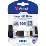 Verbatim 16GB Nano USB Flash Drive with USB OTG Micro Adapter - Black