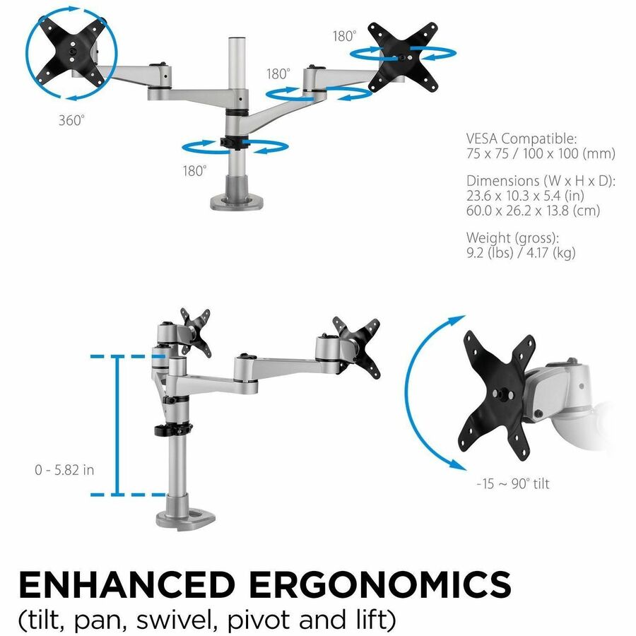 ViewSonic LCD-DMA-001 Monitor Desk Mounting Arm for 2 Monitors up to 24 Inches Each, VESA Compatible, Full Ergonomic Adjustability, 2-in-1 Mounting Base, and Built-In Cable Management