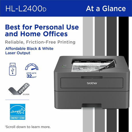 Brother HL-L2400D Compact Monochrome Laser Printer, Duplex, USB-connected, clear, sharp black & white printing