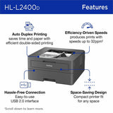 Brother HL-L2400D Compact Monochrome Laser Printer, Duplex, USB-connected, clear, sharp black & white printing