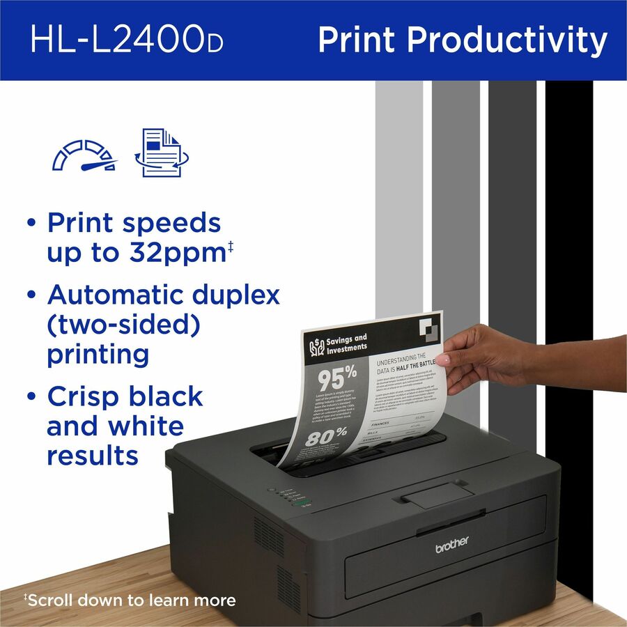 Brother HL-L2400D Compact Monochrome Laser Printer, Duplex, USB-connected, clear, sharp black & white printing