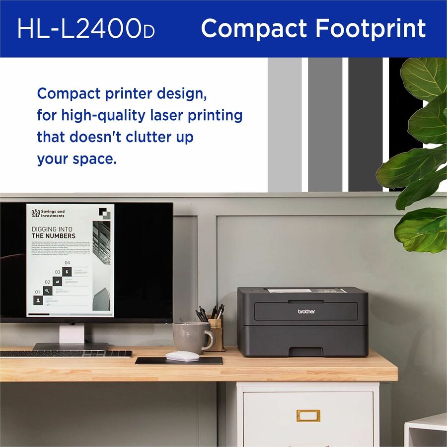 Brother HL-L2400D Compact Monochrome Laser Printer, Duplex, USB-connected, clear, sharp black & white printing