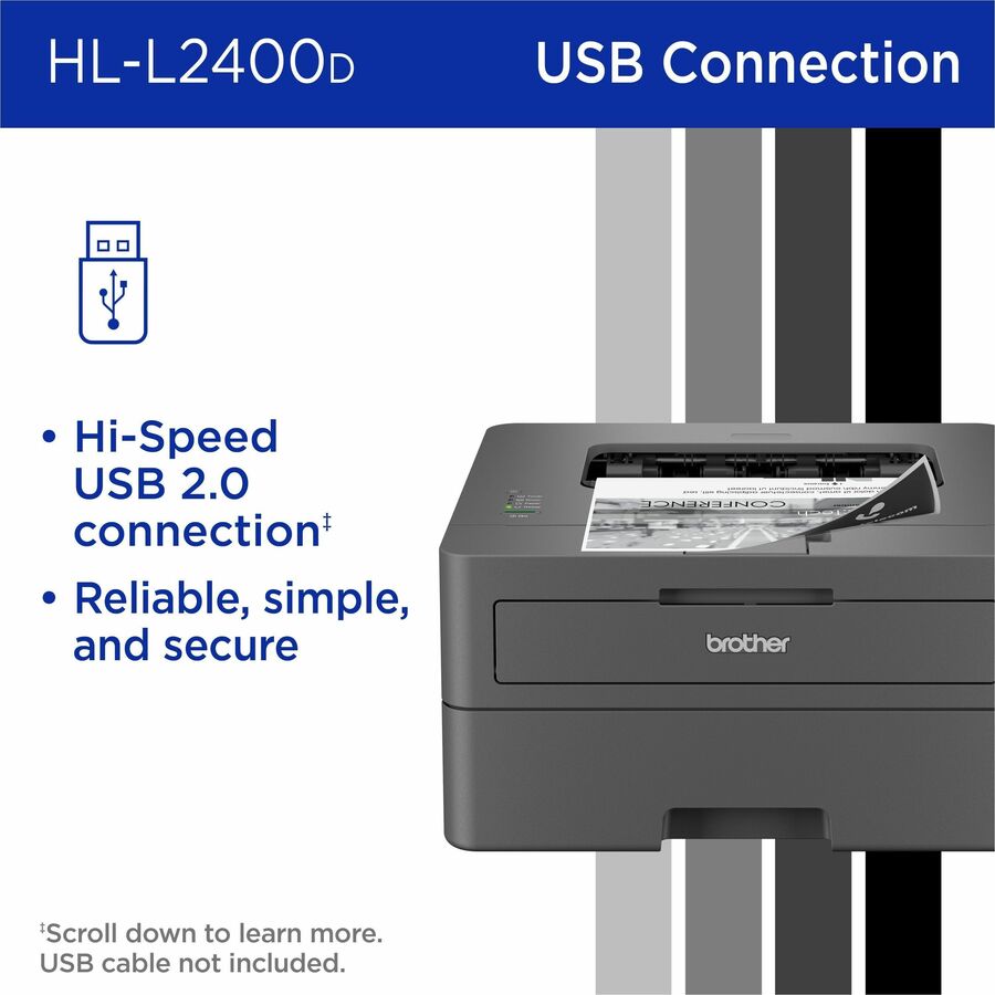 Brother HL-L2400D Compact Monochrome Laser Printer, Duplex, USB-connected, clear, sharp black & white printing