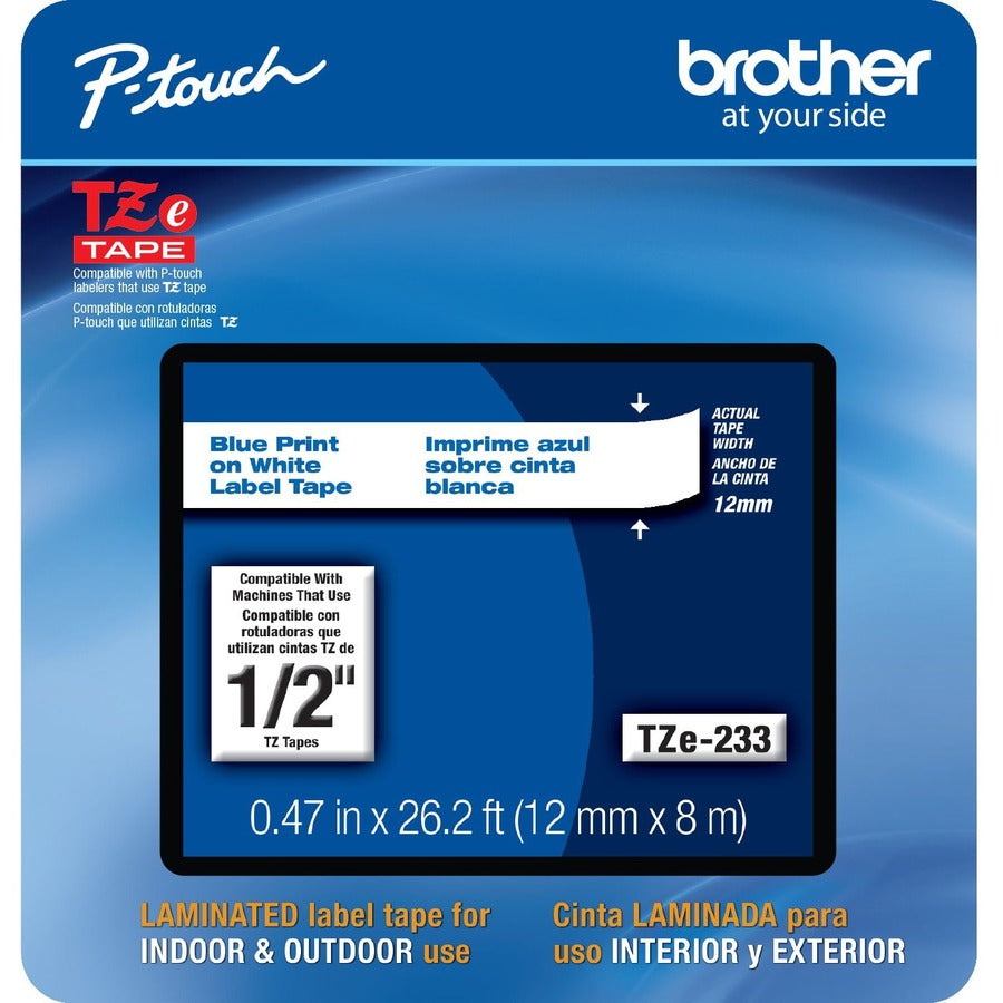 Brother TZe-233CS, 0.47" x 26.2', Blue on White Laminated Label Tape