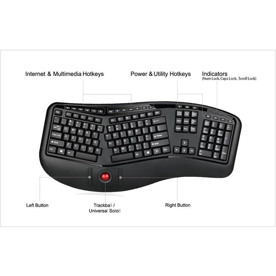 Adesso 2.4 GHz Wireless Ergonomic Trackball Keyboard