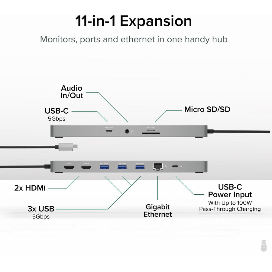 Plugable 11-in-1 USB-C Hub 100W USB-C Pass-through, Laptop Docking Station Dual Monitor with 4K 60Hz HDMI