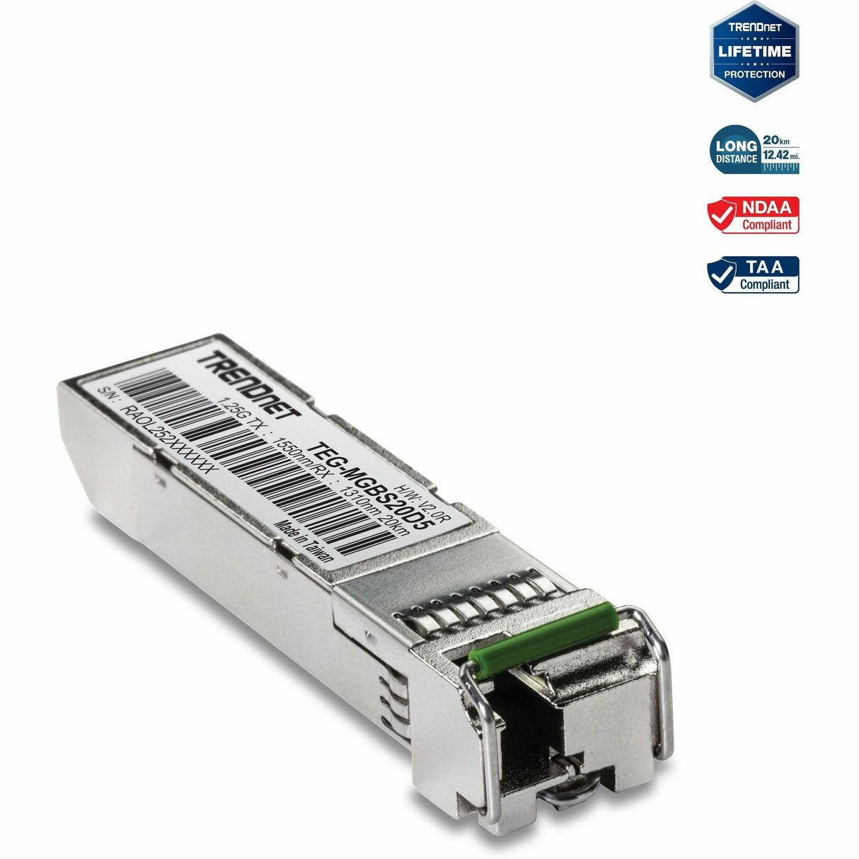 TRENDnet SFP to RJ45 Dual Wavelength Single-Mode LC Module; TEG-MGBS20D5; Must Pair w/ TEG-MGBS20D3 or a Compatible Module; Up to 20 km (12.4 miles); Bi-Directional (WDM) SFP; Lifetime Protection