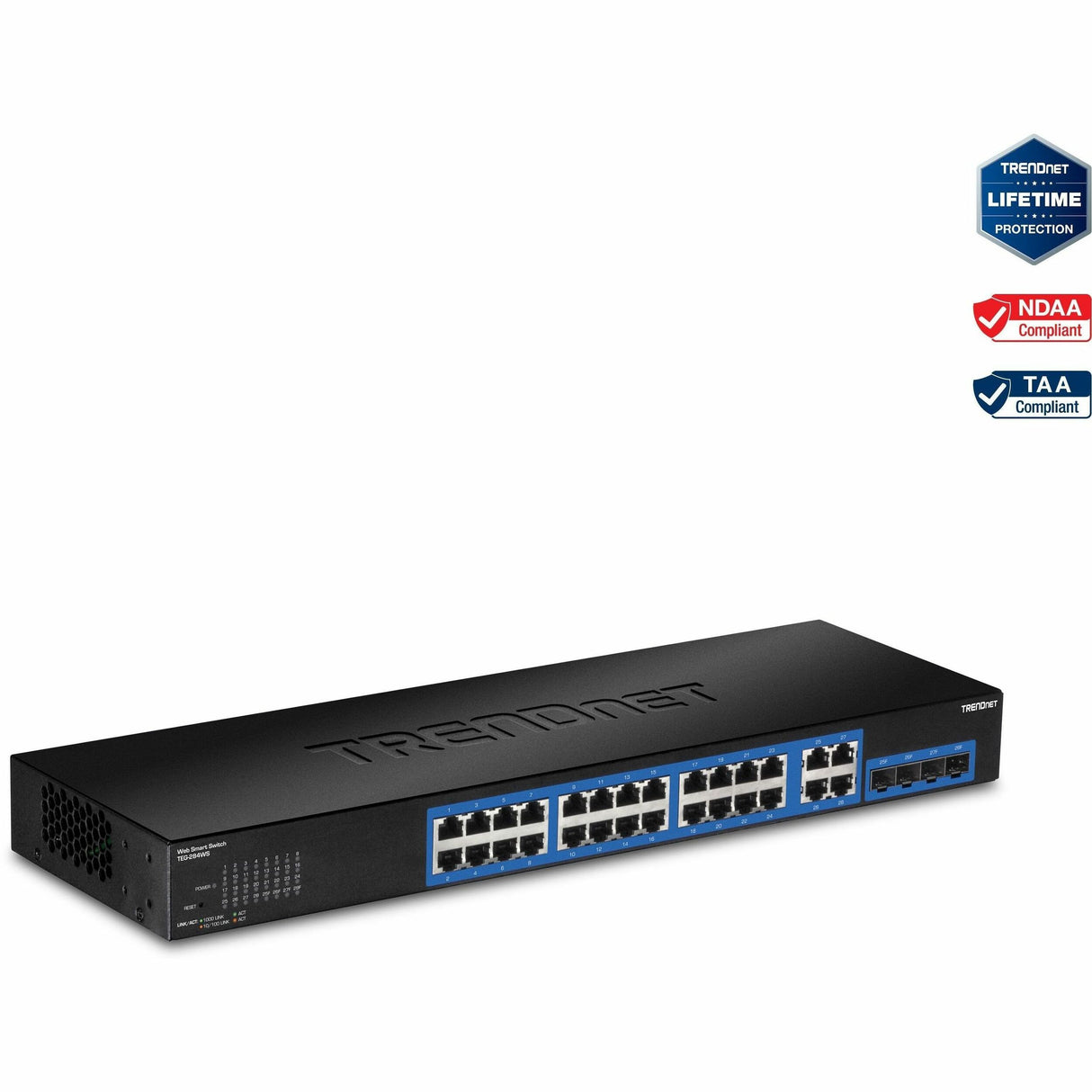 TRENDnet 28-Port Gigabit Web Smart Switch; 24 x Gigabit Ports; 4 x Shared Gigabit Ports (RJ-45/SFP); VLAN; QoS; LACP; IPv6; 56Gbps Switching Capacity; Lifetime Protection; TEG-284WS