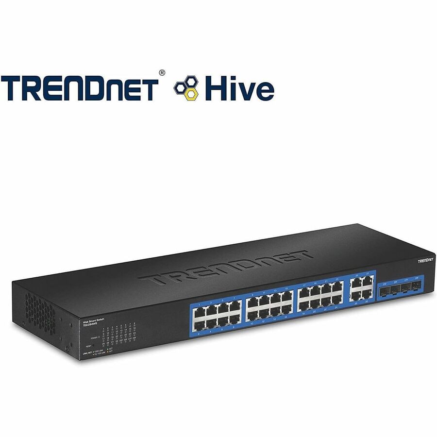 TRENDnet 28-Port Gigabit Web Smart Switch; 24 x Gigabit Ports; 4 x Shared Gigabit Ports (RJ-45/SFP); VLAN; QoS; LACP; IPv6; 56Gbps Switching Capacity; Lifetime Protection; TEG-284WS