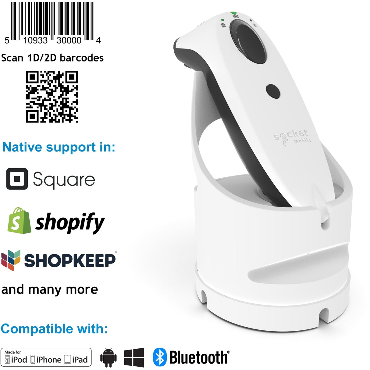 Socket Mobile SocketScan&reg; S740, Universal Barcode Scanner, White & White Dock