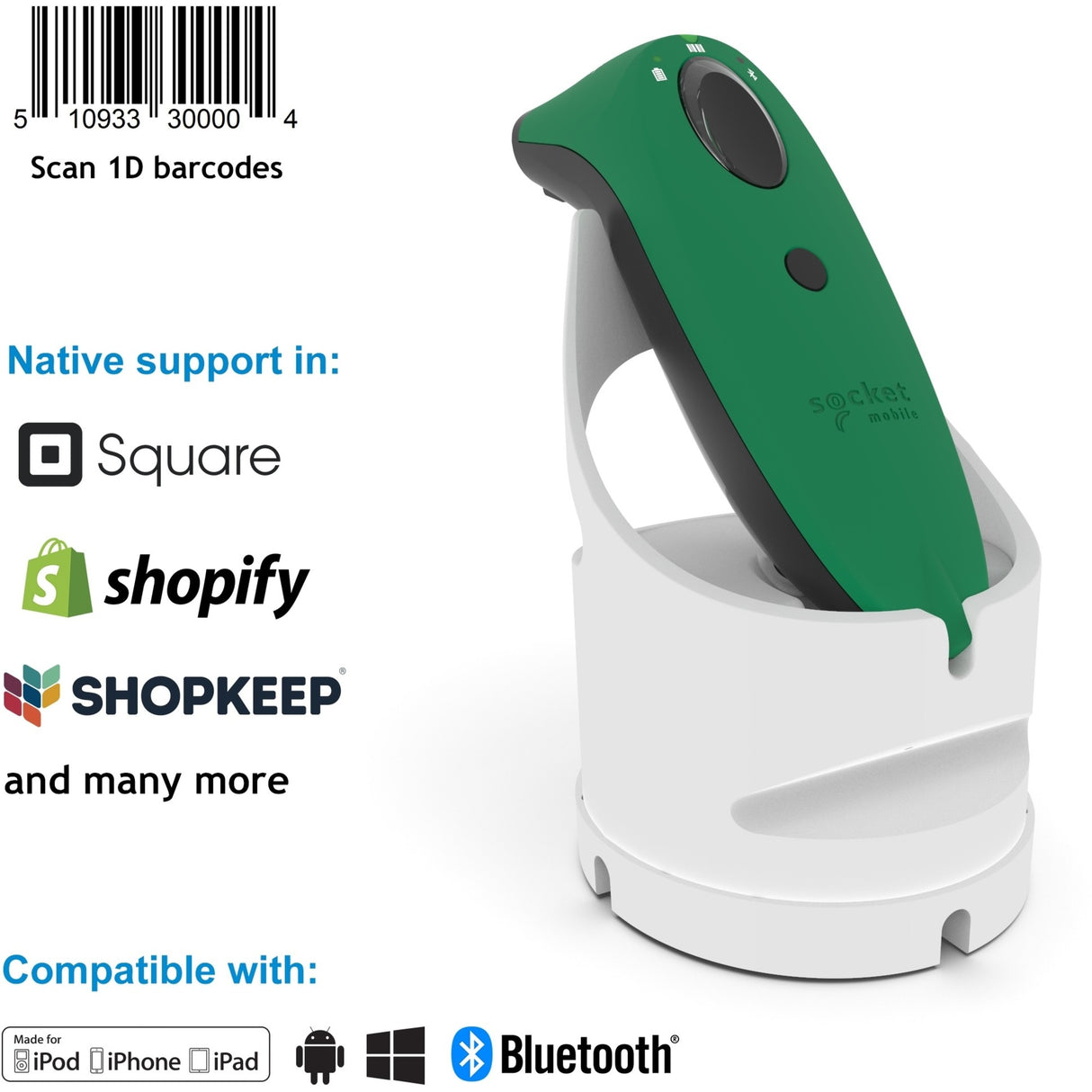 Socket Mobile SocketScan&reg; S730, Laser Barcode Scanner, Green & White Charging Dock