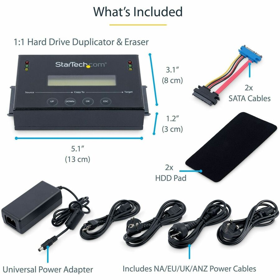 StarTech.com 1:1 Standalone Hard Drive Duplicator & Eraser, SATA HDD / SSD Disk Cloner / Copier / Wiper / Sanitizer, TAA Compliant