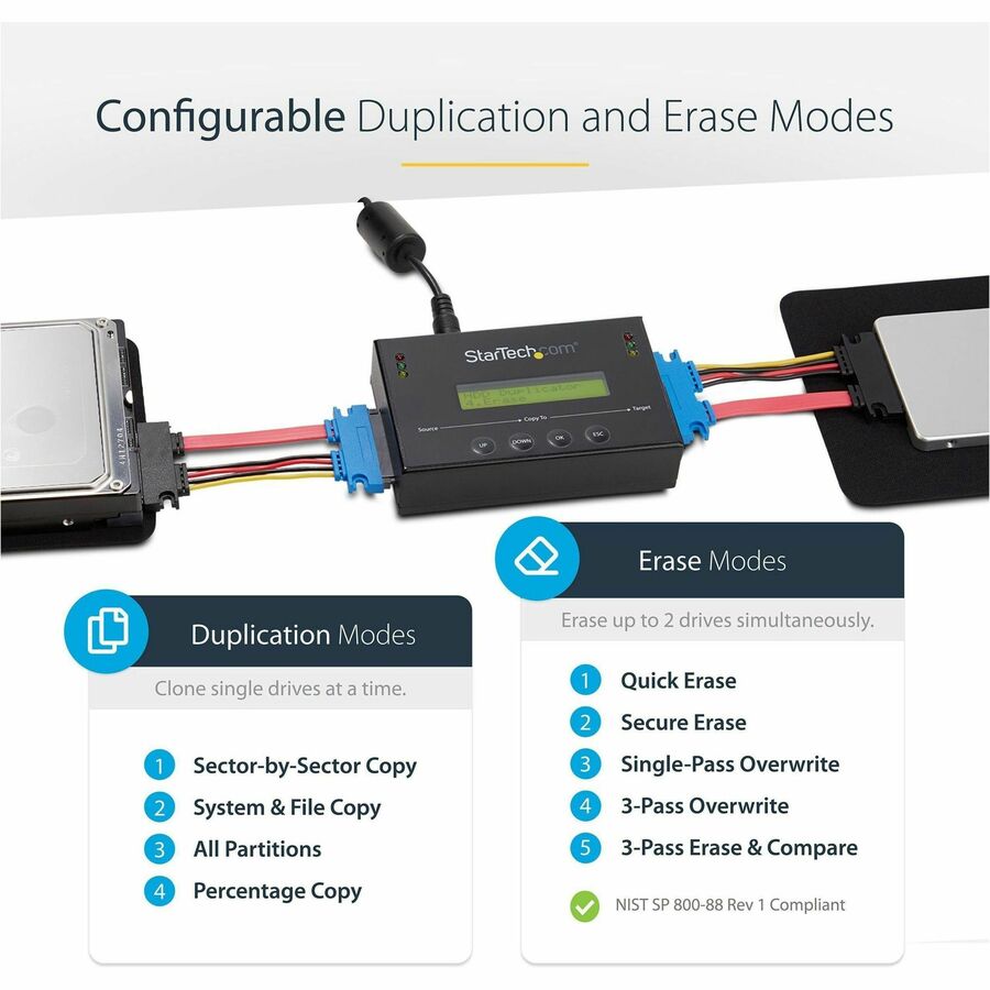 StarTech.com 1:1 Standalone Hard Drive Duplicator & Eraser, SATA HDD / SSD Disk Cloner / Copier / Wiper / Sanitizer, TAA Compliant