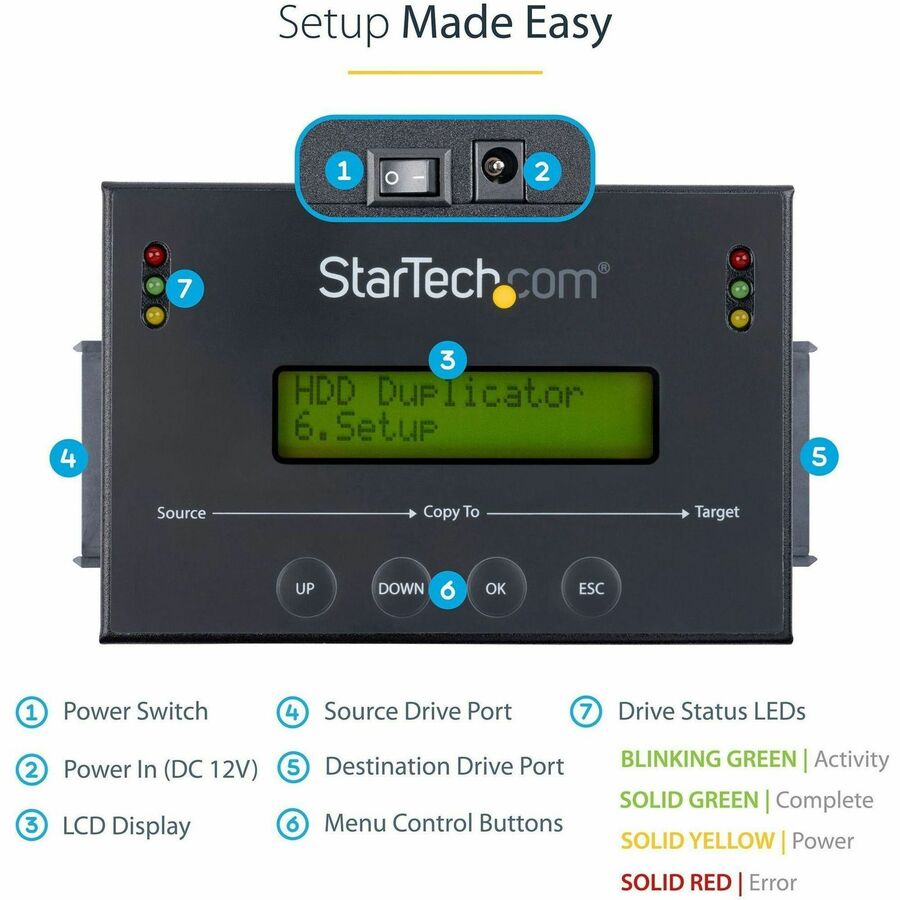 StarTech.com 1:1 Standalone Hard Drive Duplicator & Eraser, SATA HDD / SSD Disk Cloner / Copier / Wiper / Sanitizer, TAA Compliant