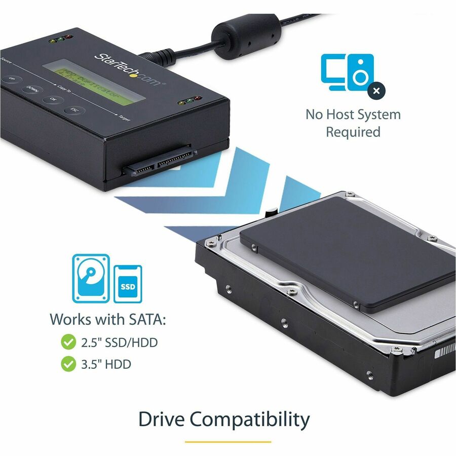 StarTech.com 1:1 Standalone Hard Drive Duplicator & Eraser, SATA HDD / SSD Disk Cloner / Copier / Wiper / Sanitizer, TAA Compliant