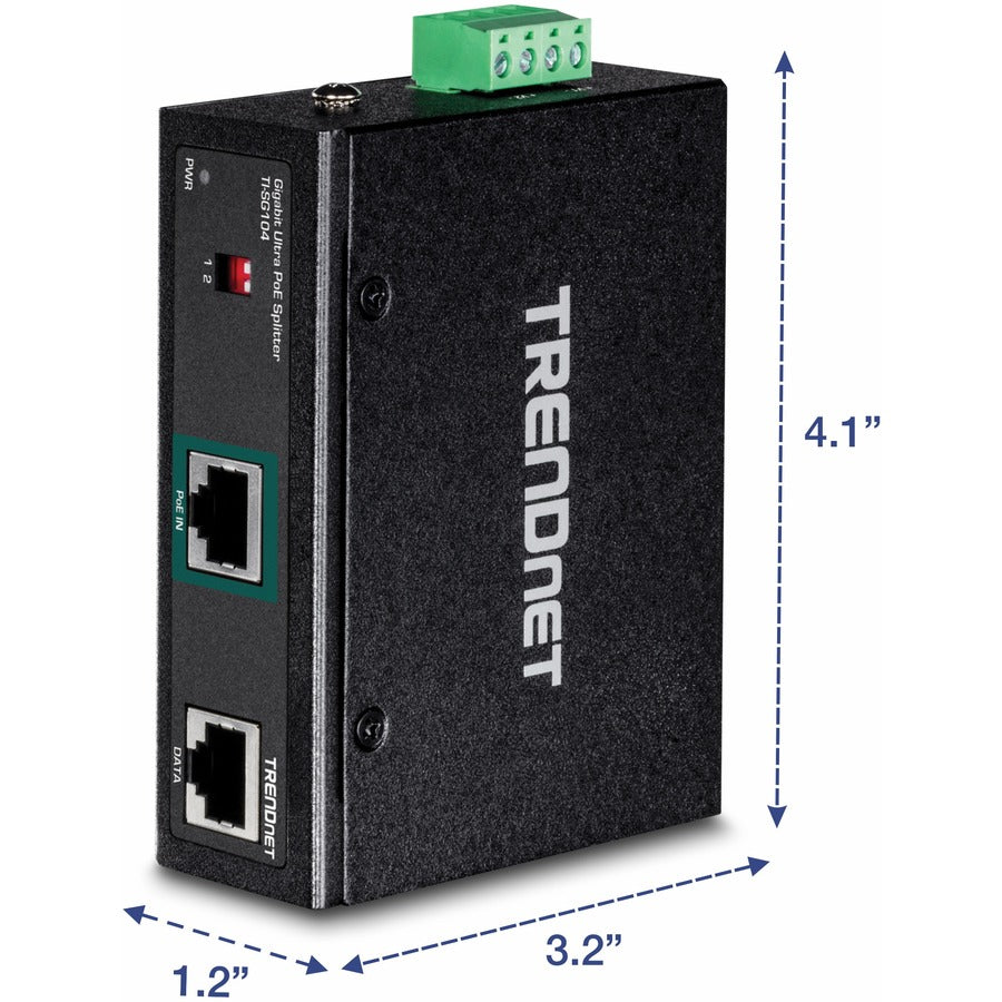 TRENDnet Industrial Gigabit UPoE Splitter, Dual DC Power Outputs, DIN-Rail or Wall-Mountable, Adjustable Voltage Output, TI-SG104