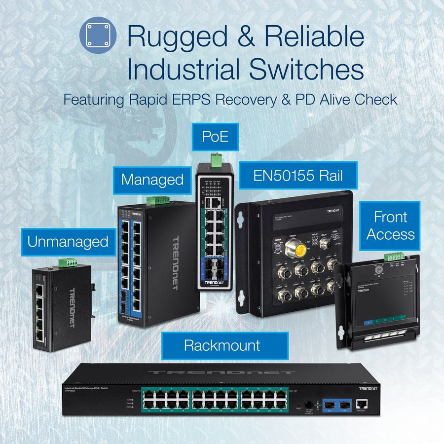 TRENDnet 10-Port Industrial Gigabit L2 Managed PoE+ DIN-Rail Switch, 8 x Gigabit PoE+ Ports, DIN-Rail Mount, 2 x SFP Slots, 24?57V DC Power Input, IP30, VLAN, Lifetime Protection, Black, TI-PG102i