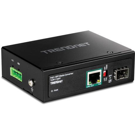 TRENDnet Industrial SFP to Gigabit PoE+ Media Converter, IP30 Rated Housing, Operating temperature range -40&deg;- 75 &deg;C to (-40&deg; - 167 &deg;F), TI-PF11SFP, Black